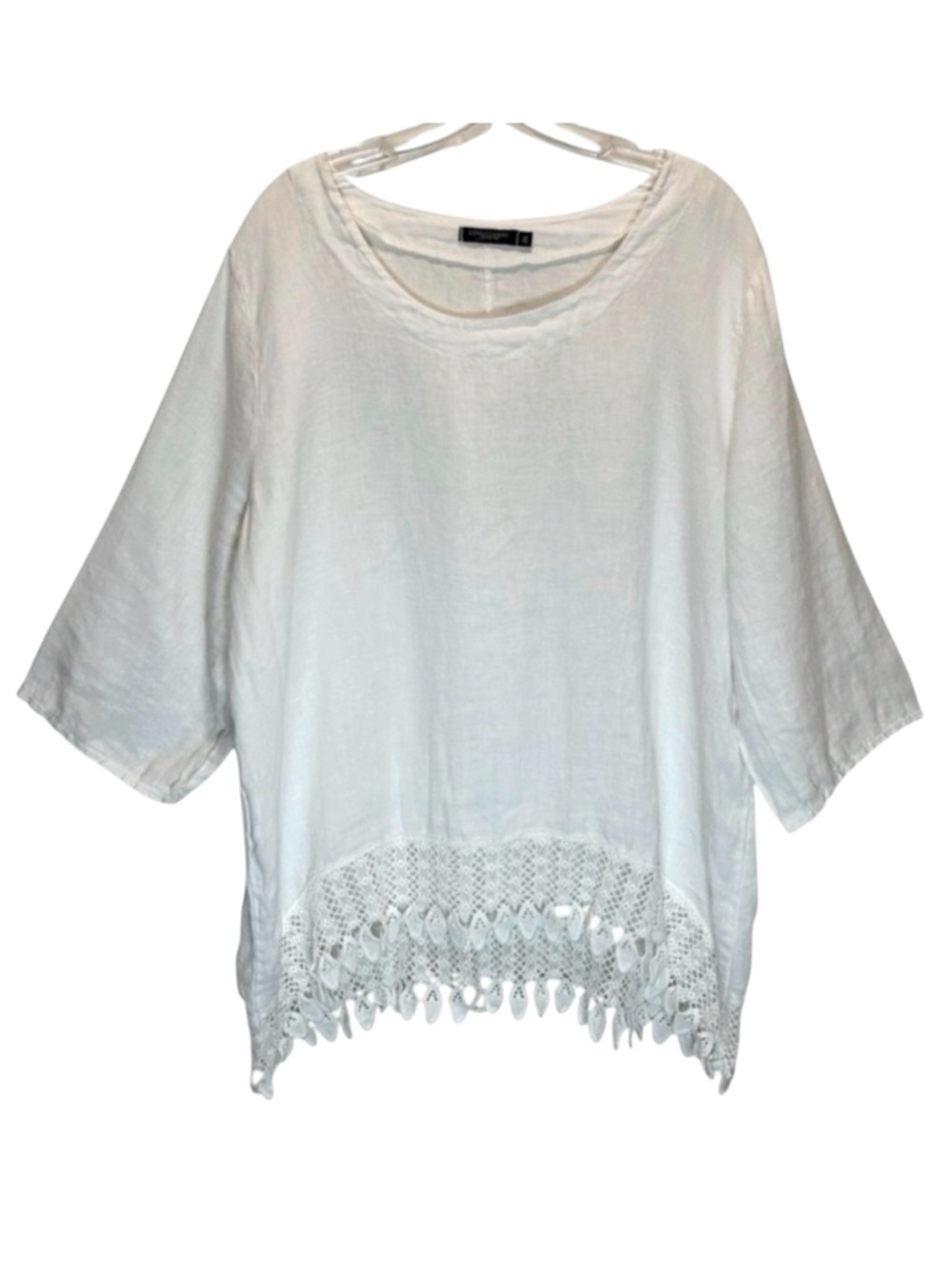 Lungo L’Arno Made in Italy White Linen Top Lace Hem Tab Rollup Sleeves - Size 2X